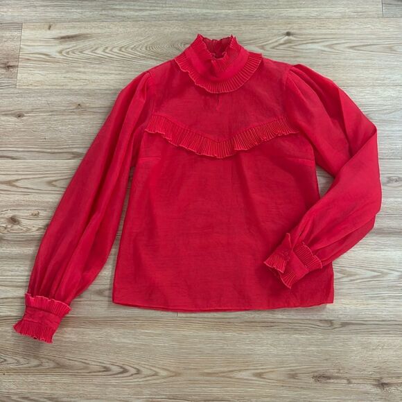 H&M Women's Frilled crêpe Ruffle Blouse Red 6 Long Sleeve Sheer Holiday Trendy - Picture 2 of 7